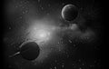 A grayscale image of two planets and a field of stars in a dark and cloudy space background scene Royalty Free Stock Photo