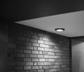 Grayscale of a lamp above a brick wall