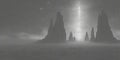 A grayscale landscape of jagged mountains under a starry sky with a bright light shining down Royalty Free Stock Photo