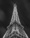 Grayscale low angle shot of the beautiful Eiffel Tower at night in Paris, France