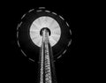 Grayscale low angle shot of the Space Needle Tower in Seattle at night