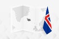 A grayscale map of Iceland with a hanging Icelandic flag on one side. Vector map for many types of news Royalty Free Stock Photo