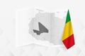 A grayscale map of Mali with a hanging Malian flag on one side. Vector map for many types of news