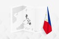 A grayscale map of Philippines with a hanging Filipino flag on one side. Vector map for many types of news