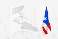 A grayscale map of Puerto Rico with a hanging Puerto Rico flag on one side. Vector map for many types of news