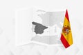 A grayscale map of Spain with a hanging Spanish flag on one side. Vector map for many types of news