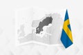 A grayscale map of Sweden with a hanging Swedish flag on one side. Vector map for many types of news Royalty Free Stock Photo