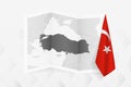 A grayscale map of Turkey with a hanging Turkish flag on one side. Vector map for many types of news