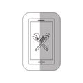 Grayscale middle shadow sticker with cellphone with crossed wrenches in display