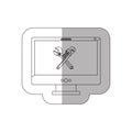 Grayscale middle shadow sticker with desktop computer with crossed wrenches in display