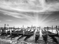 Grayscale. Parked gondolas on Piazza San Marco and The Doge`s Palace embankment and sunset sunshine Venice, Italy