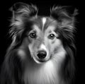 Grayscale portrait of a Rough Collie on a dark background. AI-generated.