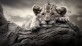 Grayscale portrait of a young lion cub resting atop a rock. AI-generated.