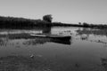 Grayscale shot of an abandoned boat in a lake