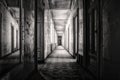 Grayscale shot of an abandoned building hallway