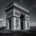 Grayscale shot of the Arc de Triomphe in Paris taken from the side and nobody walking around