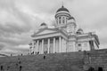 Grayscale shot of the Cathedral of Helsinki under a cloudy sky, Finland.