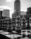 Grayscale shot of chessboard pieces on a table in a city, AI-generated.