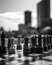 Grayscale shot of chessboard pieces on a table in a city, AI-generated.