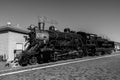 Grayscale shot of a classic train on a Grand Canyon Railway