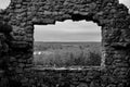 Grayscale shot of forest and cloudy sky through old stone ruins of a forgotten lodge
