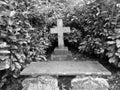 Grayscale shot of a gravestone with a cross surrounded by leaves.