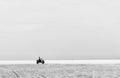 Grayscale shot of a guy riding beach buggy by the sea