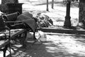 Grayscale shot of a homeless person sleeping on a bench in a park Royalty Free Stock Photo