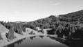 Grayscale shot of Lake Desolation with lush trees on the shore. Big Cottonwood Canyon, Utah, USA.