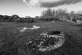 Grayscale shot of a landscape with an ancient rock-cut tomb in Caceres, Spain Royalty Free Stock Photo