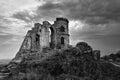 Grayscale shot of the Mow Cop Castle under a cloudy sky in England, the UK Royalty Free Stock Photo