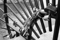 Grayscale shot of the padlocks of love on a metallic fence Royalty Free Stock Photo