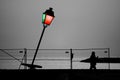 Grayscale shot of a person next to the sea with selective red and green color street lamp