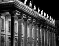 Grayscale shot of the pillars and statues of St Peter's basilica in the Vatican City.
