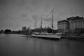 Grayscale shot of Sarmiento Frigate Ship Museum in Buenos Aires