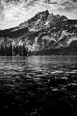 Grayscale shot of the scenic Jenny Lake at the Grand Teton National Park in Wyoming, USA Royalty Free Stock Photo