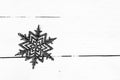 Grayscale shot of a snowflake on a white background with space for text