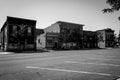 Grayscale shot of storefronts on the quiet weekend streets of Coalville, UT