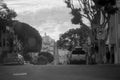 Grayscale shot of a street in San Francisco shot in film