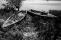 Grayscale shot of two abandoned boats on the grass on the beach