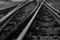 Grayscale shot of two sets of train tracks, side by side. Royalty Free Stock Photo