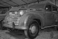 Grayscale shot of a vintage car of the Opel Olympia brand in Cologne, Germant