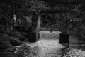 Grayscale shot of water flowing over a dam Royalty Free Stock Photo