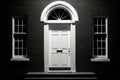 grayscale shot of a white door with fanlight in a brick colonial revival house