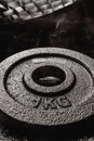 Grayscale vertical shot of a 1kg dumbbell weight plate.