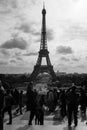 Grayscale vertical shot of the tourists crowd with the Eiffel Tower in background in Paris, France