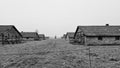 Grayscale view of the buildings in Auschwitz concentration camp in Oswiecim, Poland Royalty Free Stock Photo