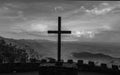 Grayscale view of the cross of Fred W. Symmes Chapel aka before the scenic landscape