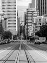 Grayscale view of the railway of the San Francisco cable car system on Nob Hill