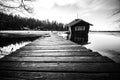 Grayscale of wooden pier land with rural Drunken Sauna in the water with forest trees